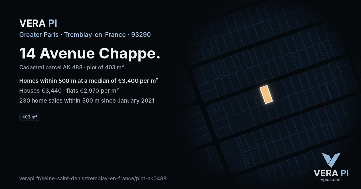 14 Avenue Chappe, Tremblay-en-France at night – the plot lit, the parcels around coloured by the prices near them