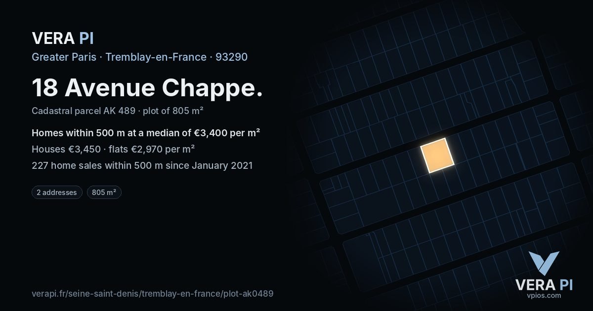 18 Avenue Chappe, Tremblay-en-France at night – the plot lit, the parcels around coloured by the prices near them