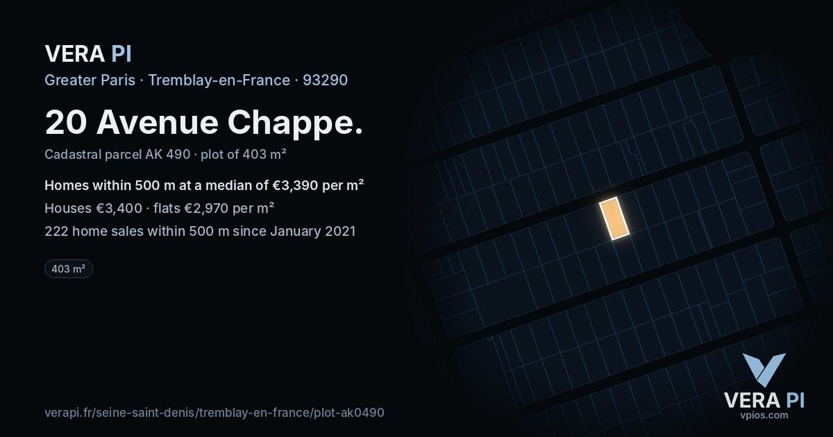 20 Avenue Chappe, Tremblay-en-France at night – the plot lit, the parcels around coloured by the prices near them