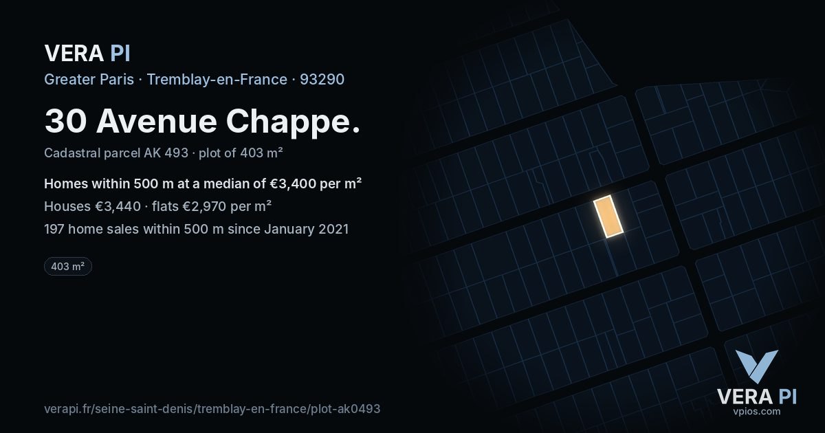 30 Avenue Chappe, Tremblay-en-France at night – the plot lit, the parcels around coloured by the prices near them