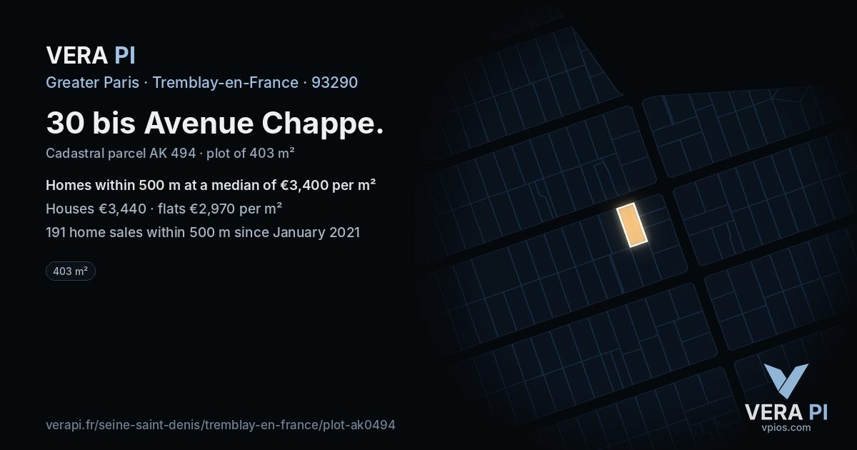 30 bis Avenue Chappe, Tremblay-en-France at night – the plot lit, the parcels around coloured by the prices near them