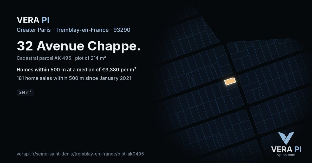 32 Avenue Chappe, Tremblay-en-France at night – the plot lit, the parcels around coloured by the prices near them