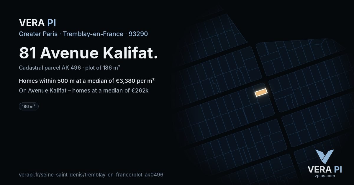 81 Avenue Kalifat, Tremblay-en-France at night – the plot lit, the parcels around coloured by the prices near them