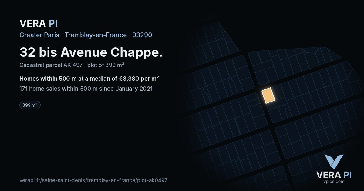 32 bis Avenue Chappe, Tremblay-en-France at night – the plot lit, the parcels around coloured by the prices near them