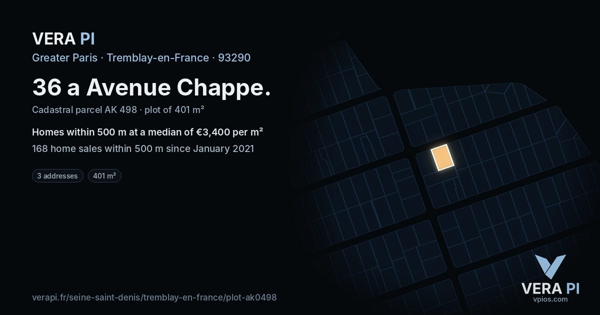 36 a Avenue Chappe, Tremblay-en-France at night – the plot lit, the parcels around coloured by the prices near them