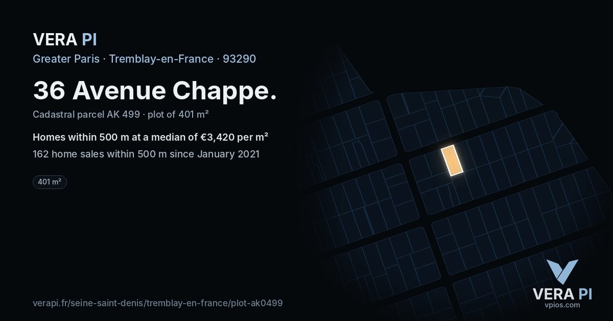 36 Avenue Chappe, Tremblay-en-France at night – the plot lit, the parcels around coloured by the prices near them