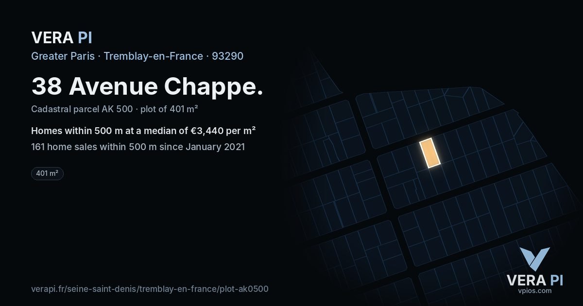 38 Avenue Chappe, Tremblay-en-France at night – the plot lit, the parcels around coloured by the prices near them