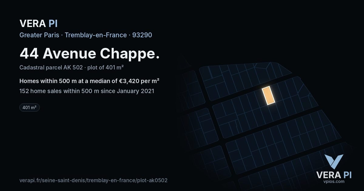 44 Avenue Chappe, Tremblay-en-France at night – the plot lit, the parcels around coloured by the prices near them