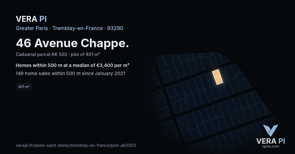 46 Avenue Chappe, Tremblay-en-France at night – the plot lit, the parcels around coloured by the prices near them