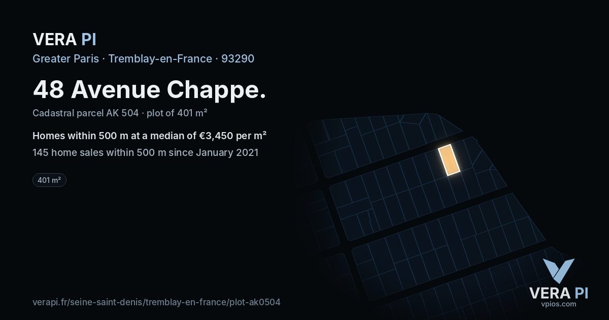 48 Avenue Chappe, Tremblay-en-France at night – the plot lit, the parcels around coloured by the prices near them