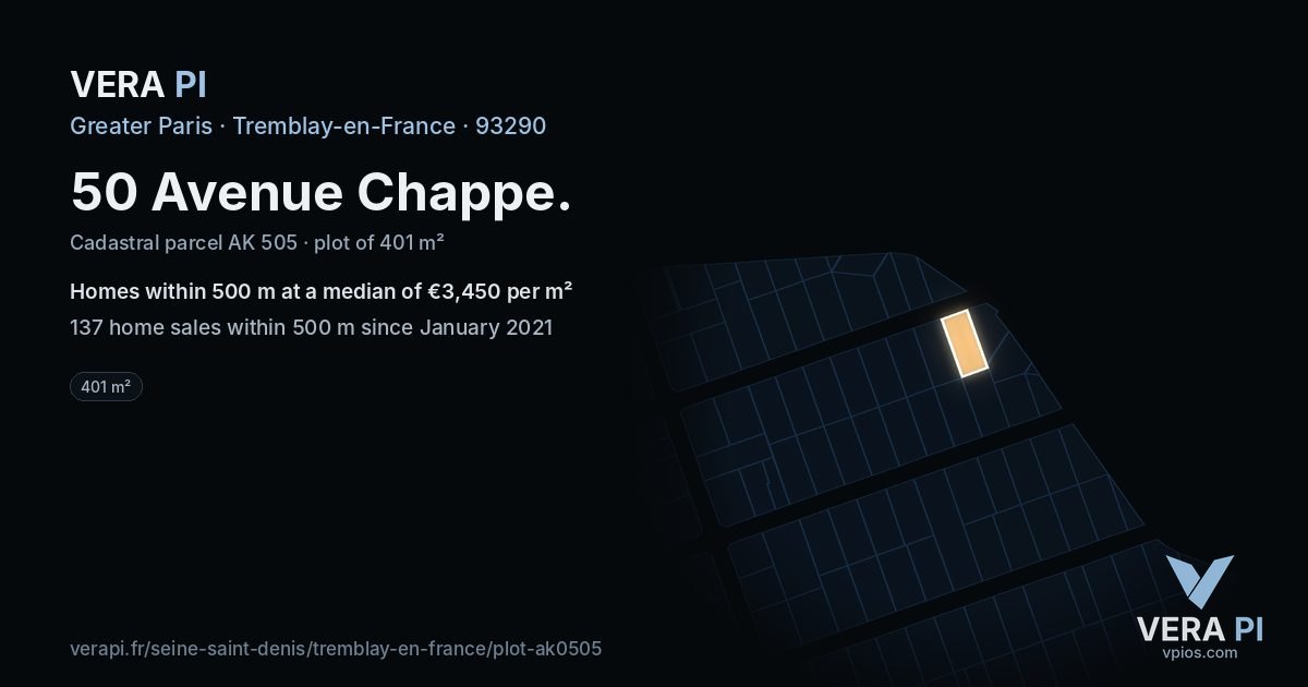 50 Avenue Chappe, Tremblay-en-France at night – the plot lit, the parcels around coloured by the prices near them