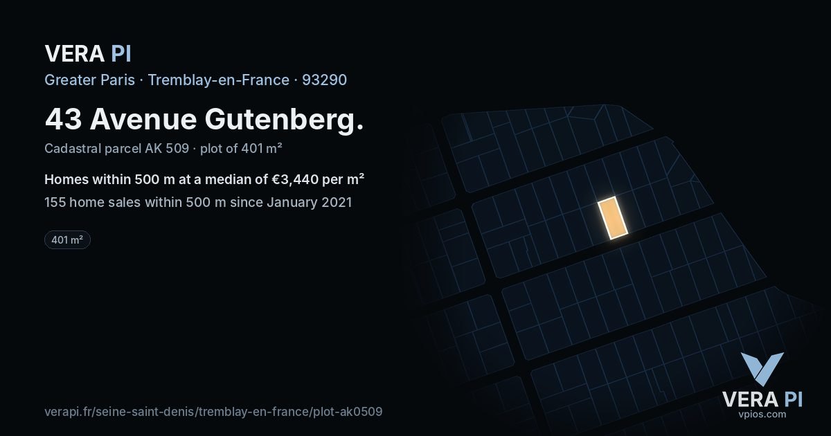 43 Avenue Gutenberg, Tremblay-en-France at night – the plot lit, the parcels around coloured by the prices near them
