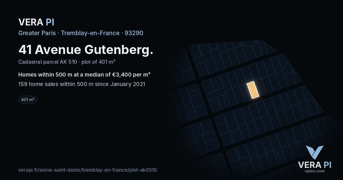 41 Avenue Gutenberg, Tremblay-en-France at night – the plot lit, the parcels around coloured by the prices near them