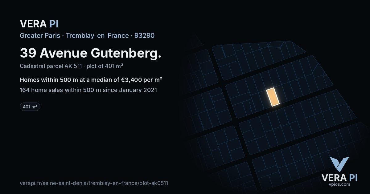 39 Avenue Gutenberg, Tremblay-en-France at night – the plot lit, the parcels around coloured by the prices near them
