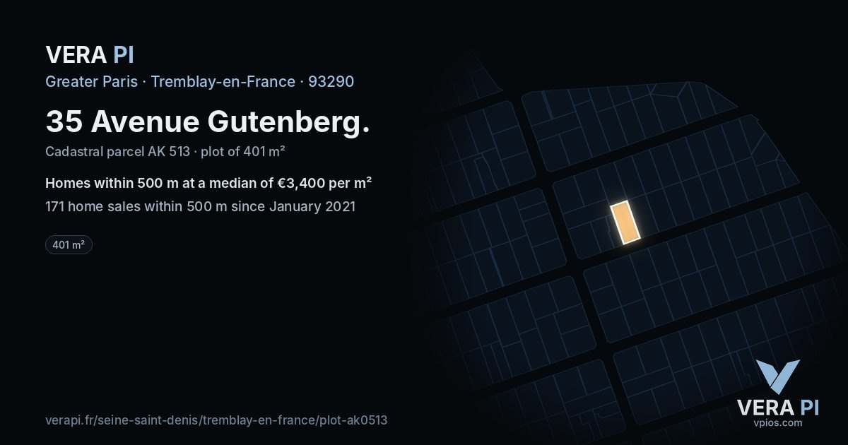 35 Avenue Gutenberg, Tremblay-en-France at night – the plot lit, the parcels around coloured by the prices near them