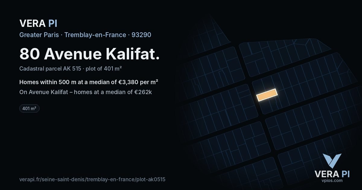 80 Avenue Kalifat, Tremblay-en-France at night – the plot lit, the parcels around coloured by the prices near them