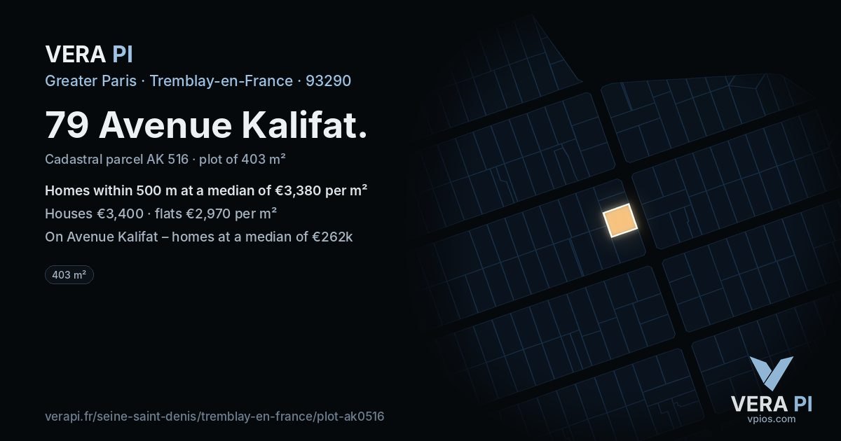 79 Avenue Kalifat, Tremblay-en-France at night – the plot lit, the parcels around coloured by the prices near them