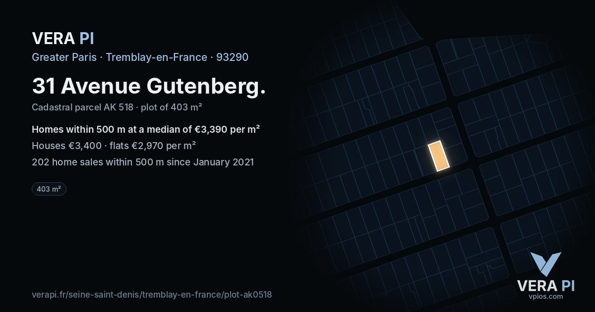 31 Avenue Gutenberg, Tremblay-en-France at night – the plot lit, the parcels around coloured by the prices near them