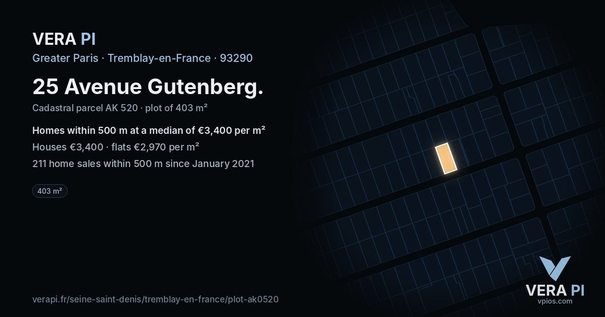 25 Avenue Gutenberg, Tremblay-en-France at night – the plot lit, the parcels around coloured by the prices near them