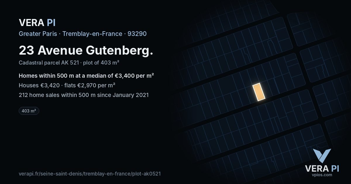 23 Avenue Gutenberg, Tremblay-en-France at night – the plot lit, the parcels around coloured by the prices near them