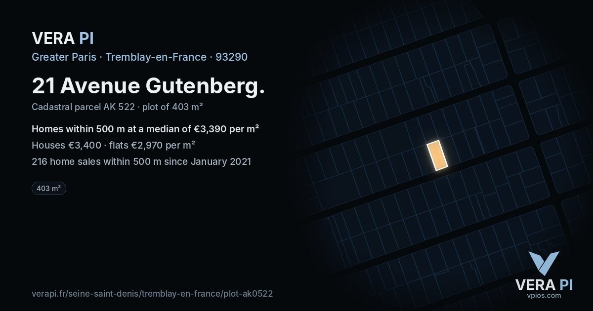 21 Avenue Gutenberg, Tremblay-en-France at night – the plot lit, the parcels around coloured by the prices near them