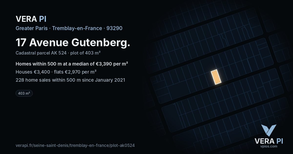 17 Avenue Gutenberg, Tremblay-en-France at night – the plot lit, the parcels around coloured by the prices near them