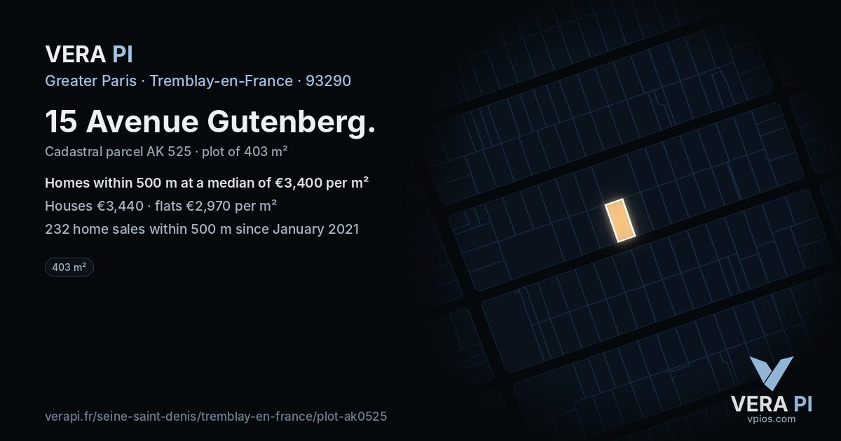 15 Avenue Gutenberg, Tremblay-en-France at night – the plot lit, the parcels around coloured by the prices near them