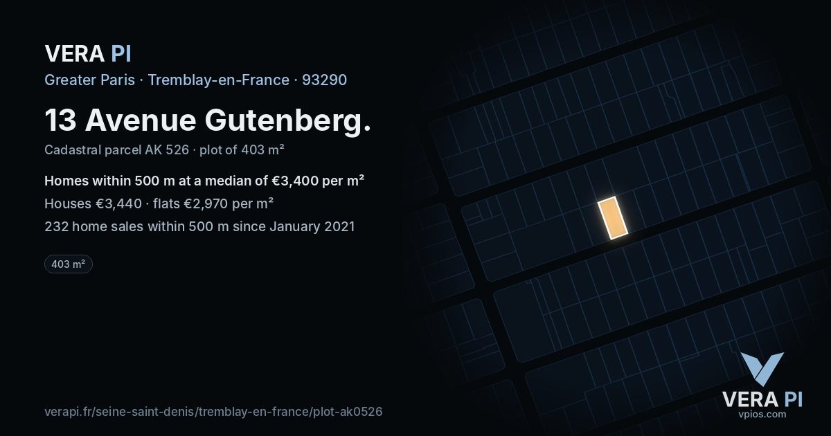 13 Avenue Gutenberg, Tremblay-en-France at night – the plot lit, the parcels around coloured by the prices near them