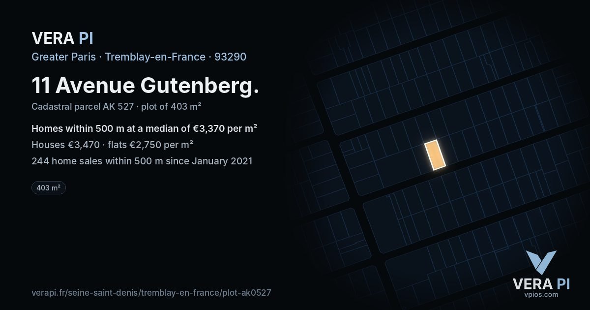 11 Avenue Gutenberg, Tremblay-en-France at night – the plot lit, the parcels around coloured by the prices near them