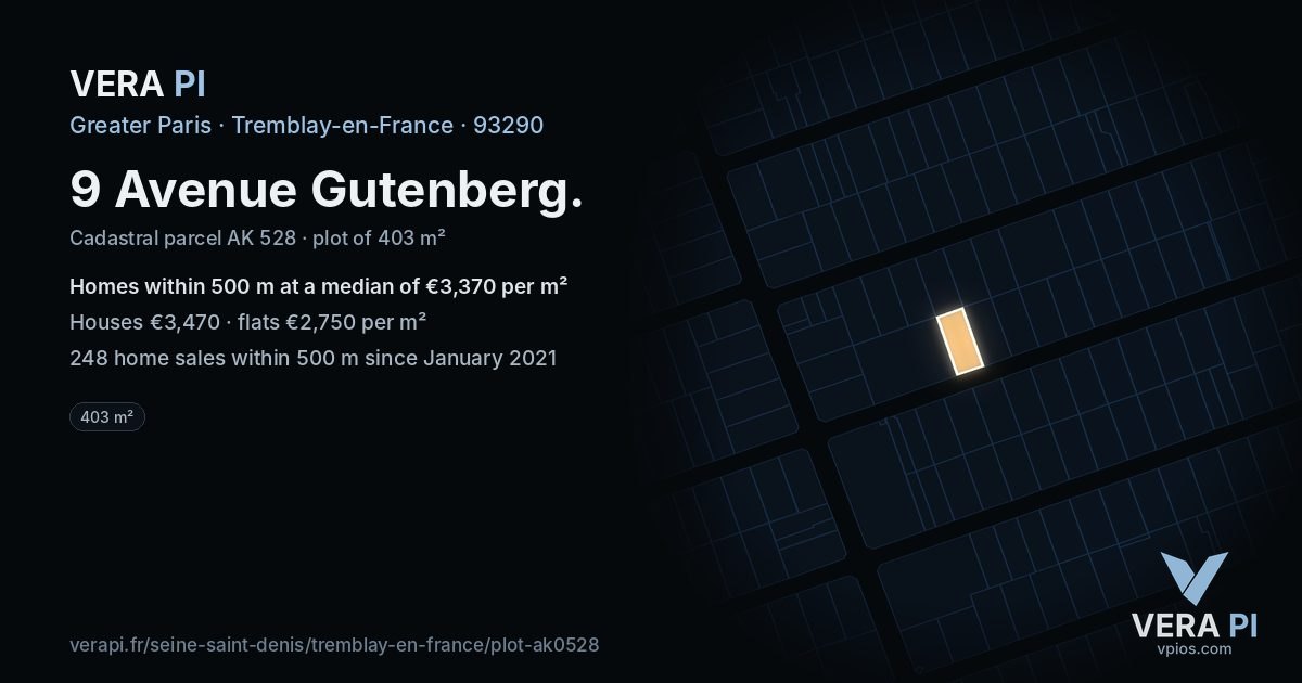 9 Avenue Gutenberg, Tremblay-en-France at night – the plot lit, the parcels around coloured by the prices near them