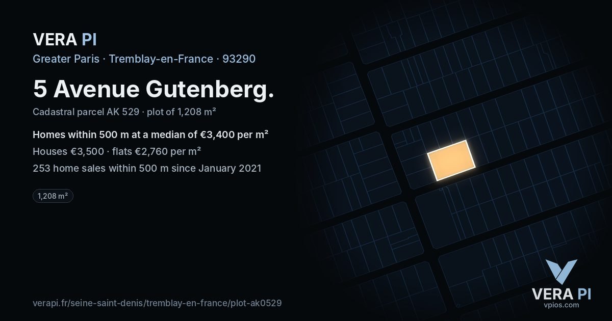 5 Avenue Gutenberg, Tremblay-en-France at night – the plot lit, the parcels around coloured by the prices near them
