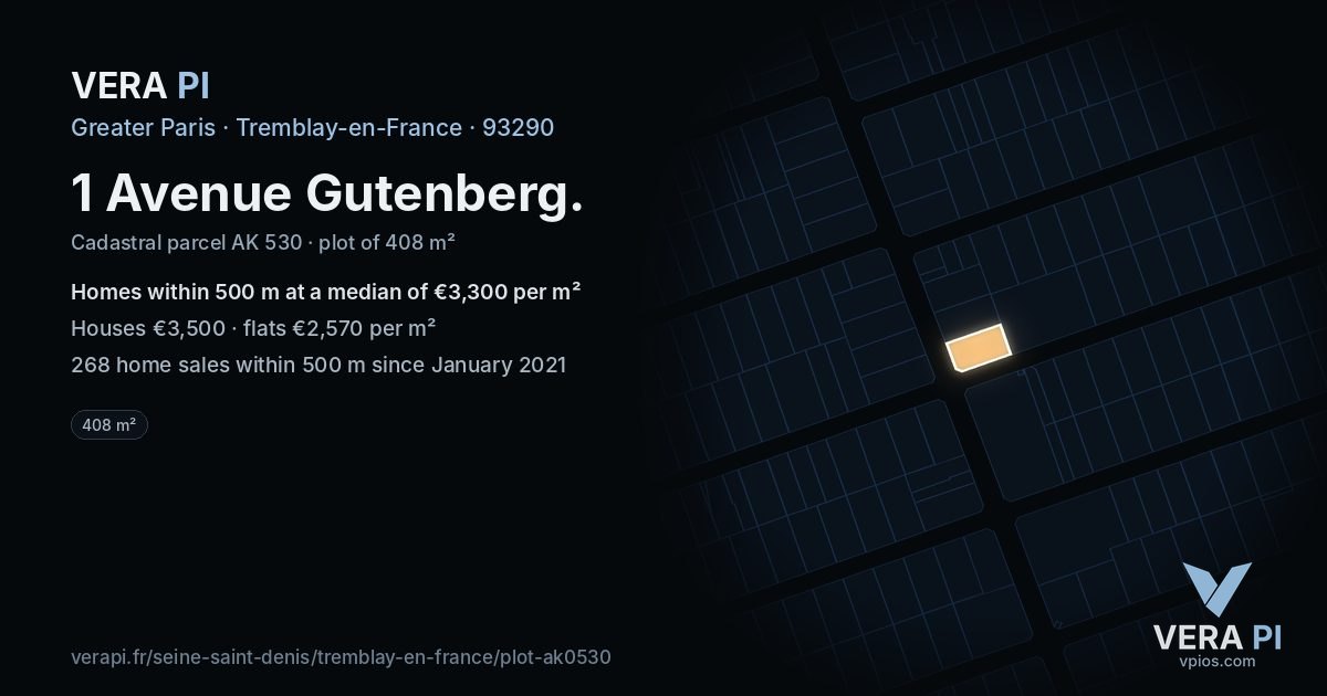 1 Avenue Gutenberg, Tremblay-en-France at night – the plot lit, the parcels around coloured by the prices near them