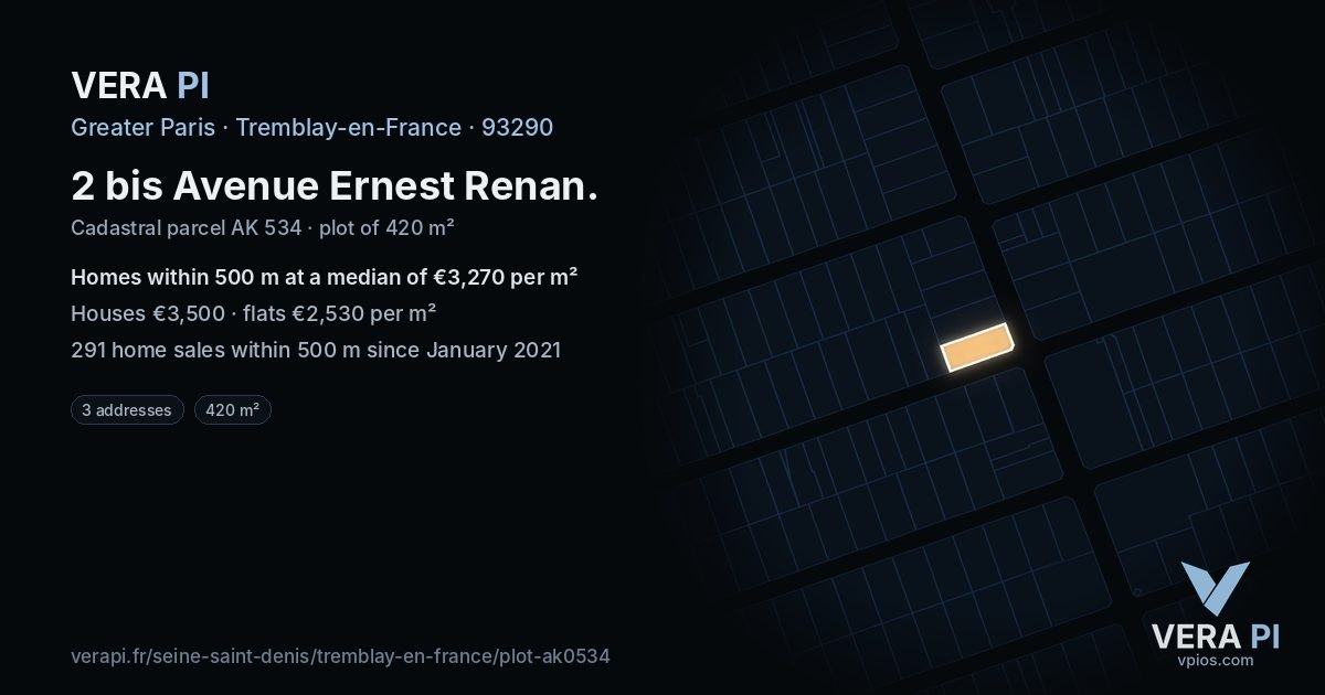 2 bis Avenue Ernest Renan, Tremblay-en-France at night – the plot lit, the parcels around coloured by the prices near them
