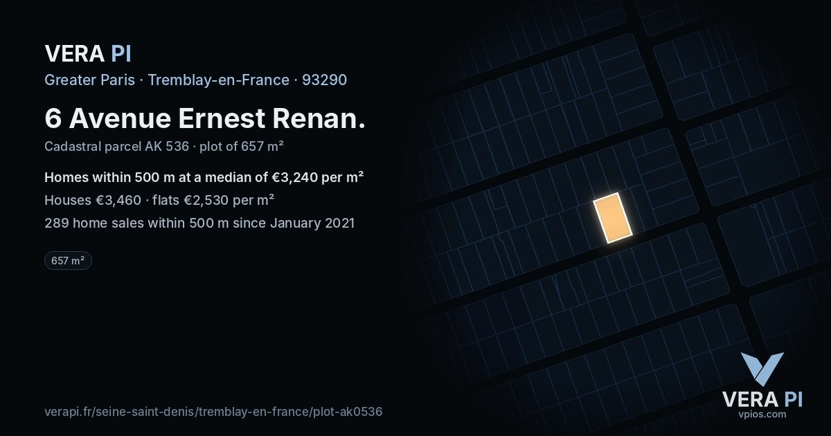 6 Avenue Ernest Renan, Tremblay-en-France at night – the plot lit, the parcels around coloured by the prices near them