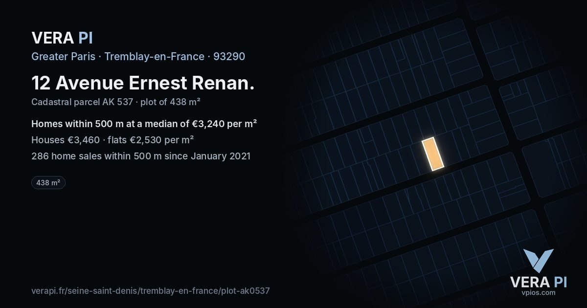 12 Avenue Ernest Renan, Tremblay-en-France at night – the plot lit, the parcels around coloured by the prices near them