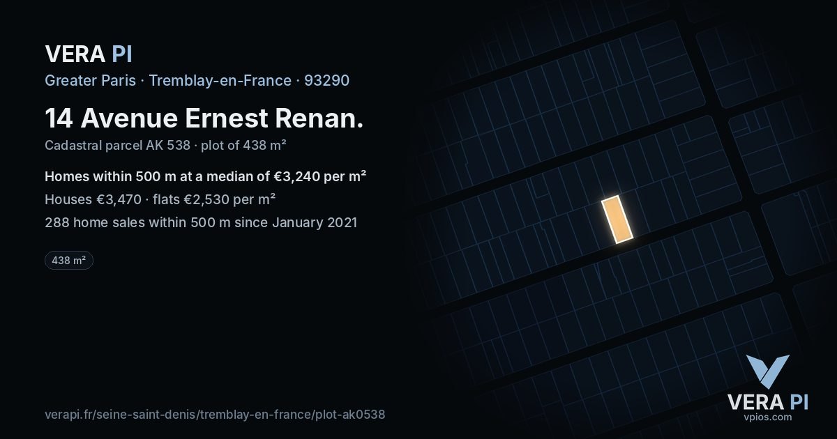 14 Avenue Ernest Renan, Tremblay-en-France at night – the plot lit, the parcels around coloured by the prices near them