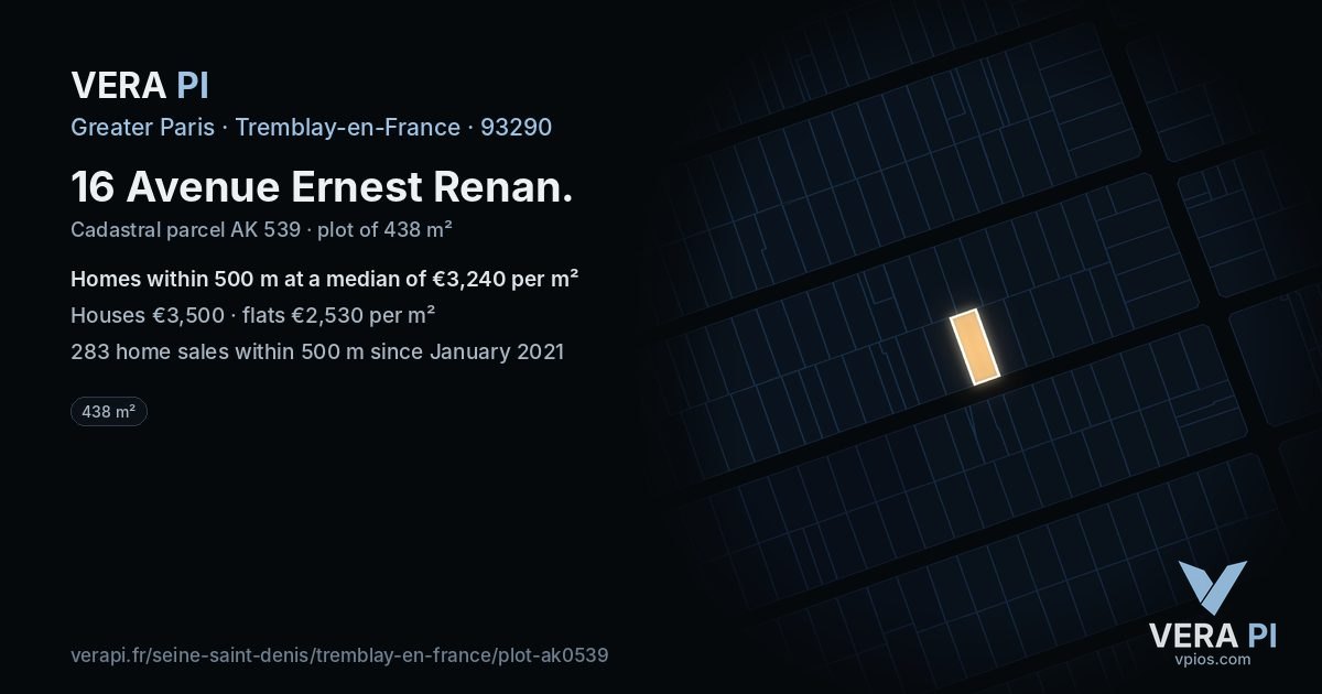 16 Avenue Ernest Renan, Tremblay-en-France at night – the plot lit, the parcels around coloured by the prices near them