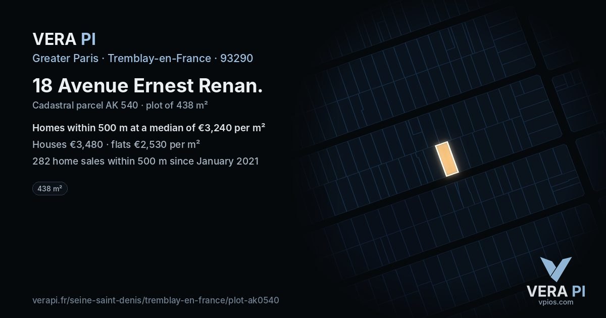 18 Avenue Ernest Renan, Tremblay-en-France at night – the plot lit, the parcels around coloured by the prices near them