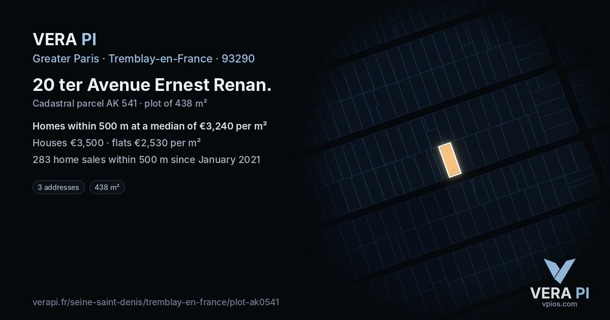 20 ter Avenue Ernest Renan, Tremblay-en-France at night – the plot lit, the parcels around coloured by the prices near them