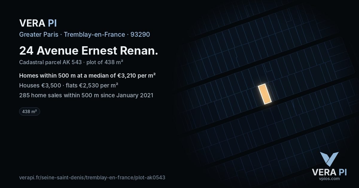 24 Avenue Ernest Renan, Tremblay-en-France at night – the plot lit, the parcels around coloured by the prices near them