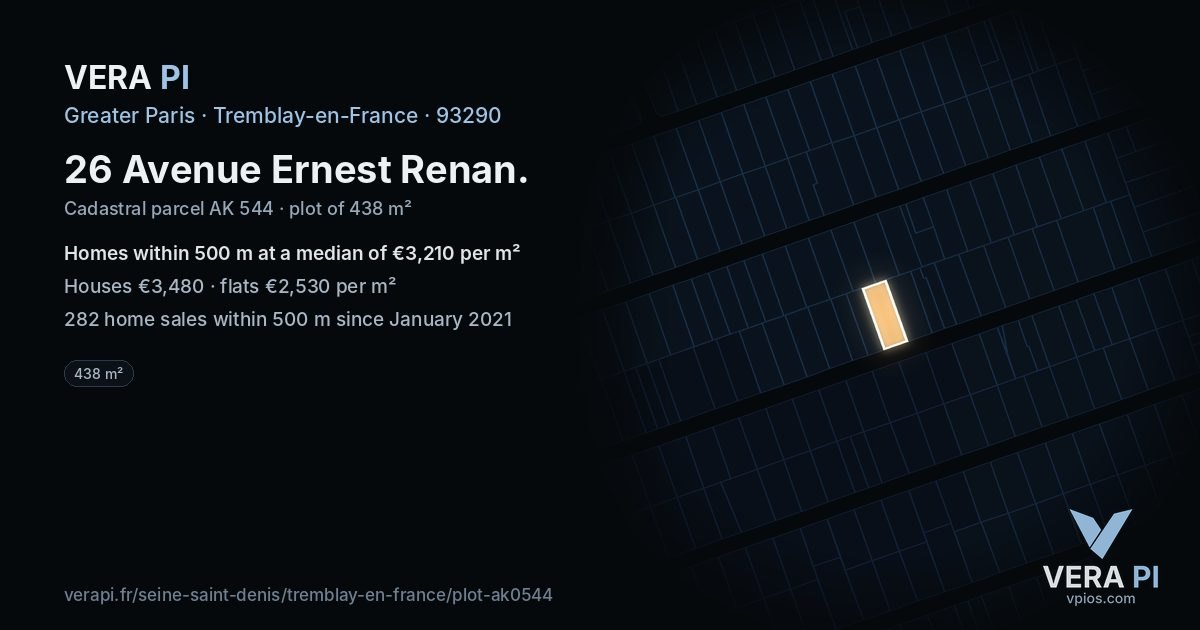 26 Avenue Ernest Renan, Tremblay-en-France at night – the plot lit, the parcels around coloured by the prices near them