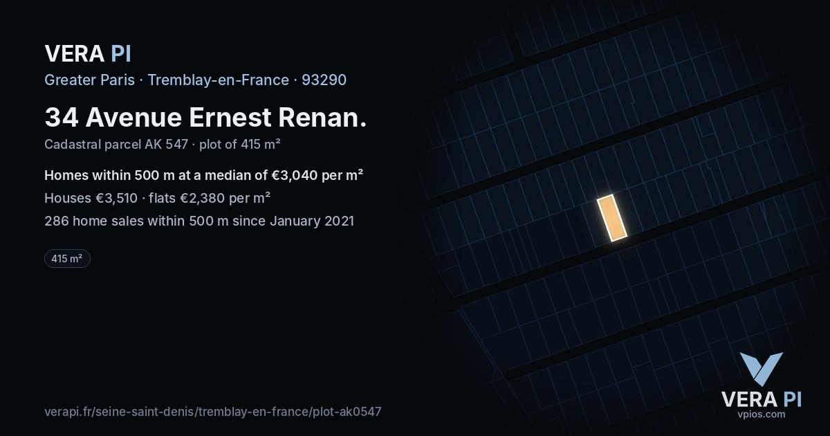 34 Avenue Ernest Renan, Tremblay-en-France at night – the plot lit, the parcels around coloured by the prices near them