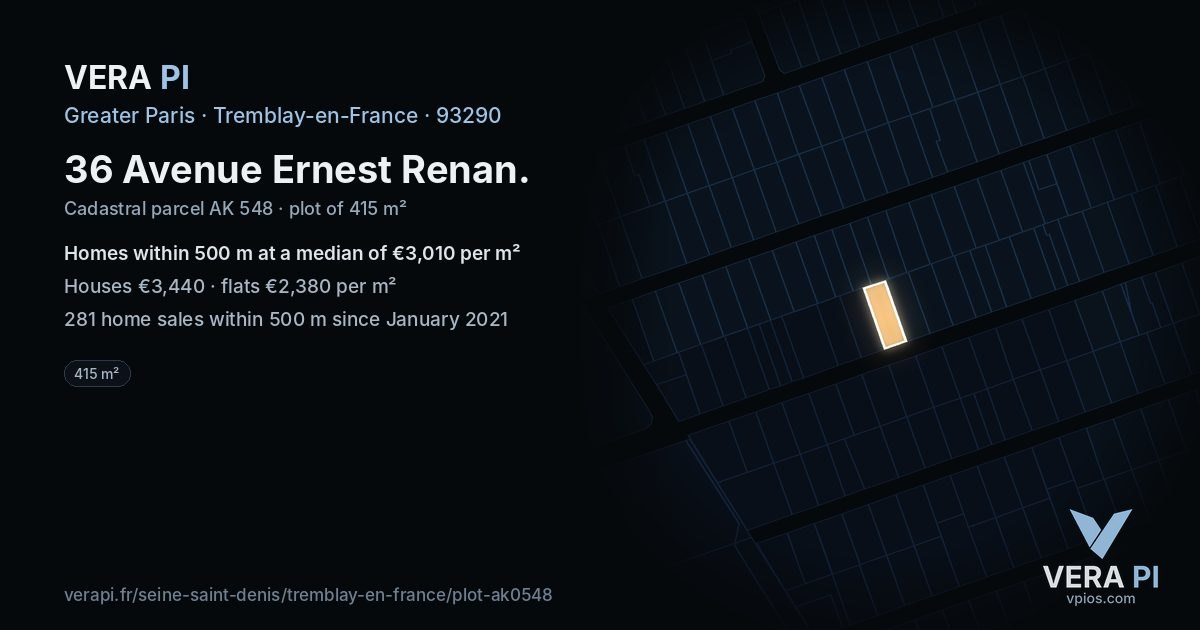 36 Avenue Ernest Renan, Tremblay-en-France at night – the plot lit, the parcels around coloured by the prices near them