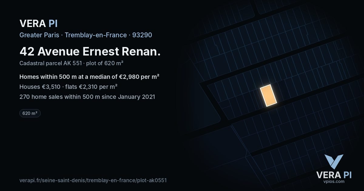 42 Avenue Ernest Renan, Tremblay-en-France at night – the plot lit, the parcels around coloured by the prices near them