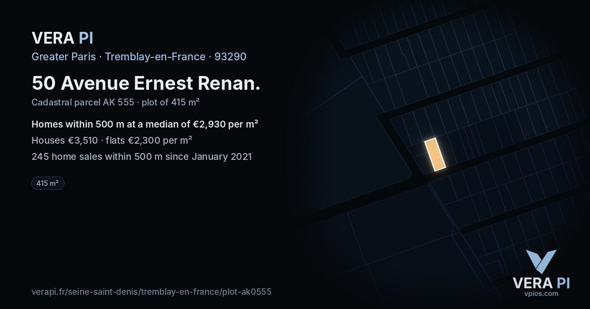 50 Avenue Ernest Renan, Tremblay-en-France at night – the plot lit, the parcels around coloured by the prices near them
