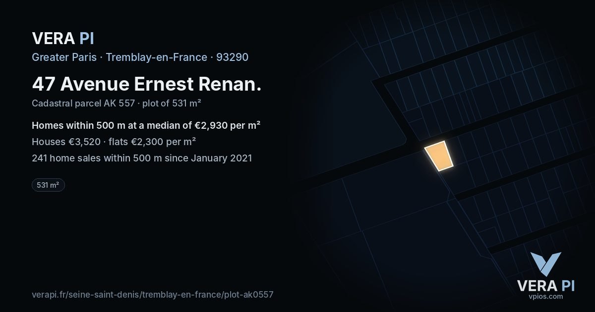 47 Avenue Ernest Renan, Tremblay-en-France at night – the plot lit, the parcels around coloured by the prices near them