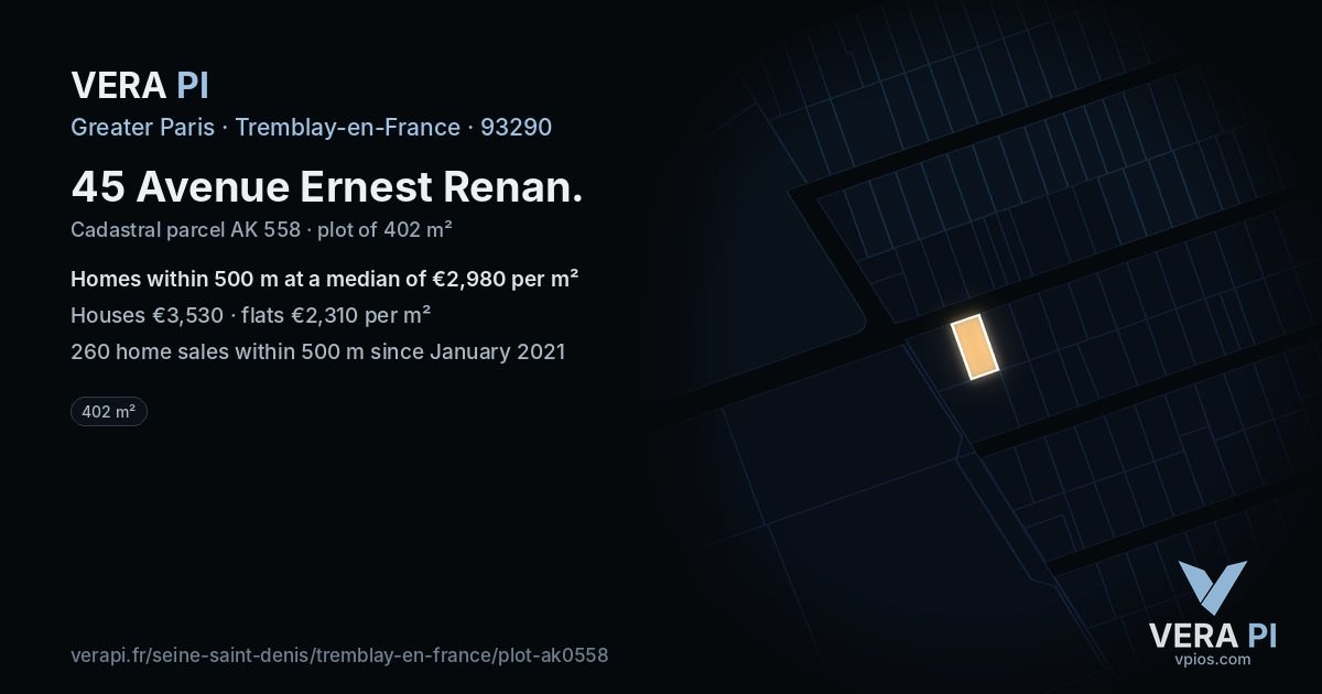 45 Avenue Ernest Renan, Tremblay-en-France at night – the plot lit, the parcels around coloured by the prices near them