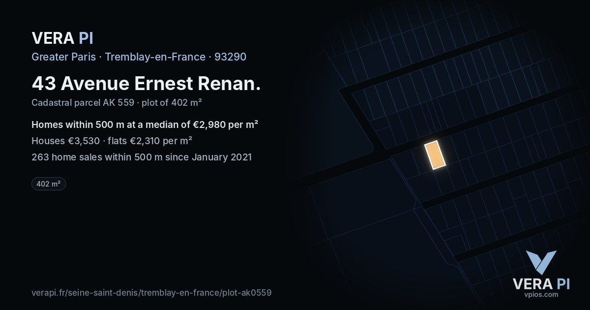 43 Avenue Ernest Renan, Tremblay-en-France at night – the plot lit, the parcels around coloured by the prices near them
