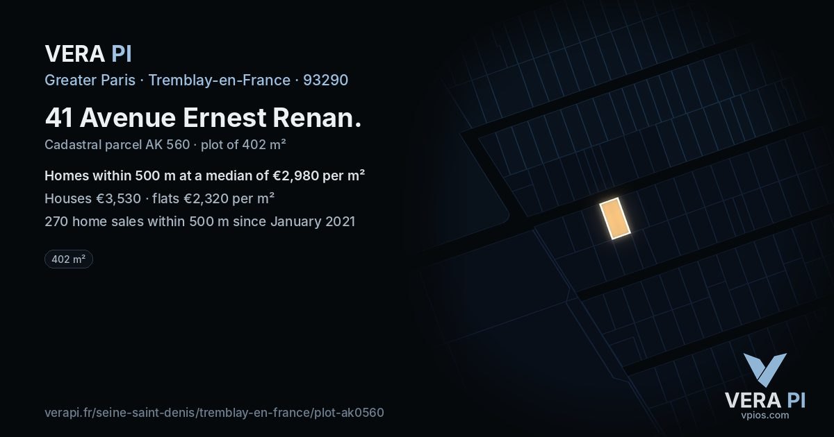 41 Avenue Ernest Renan, Tremblay-en-France at night – the plot lit, the parcels around coloured by the prices near them