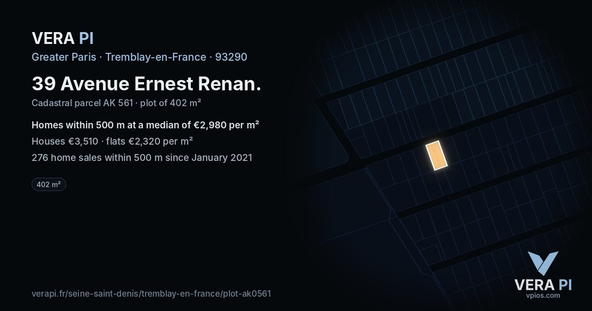 39 Avenue Ernest Renan, Tremblay-en-France at night – the plot lit, the parcels around coloured by the prices near them